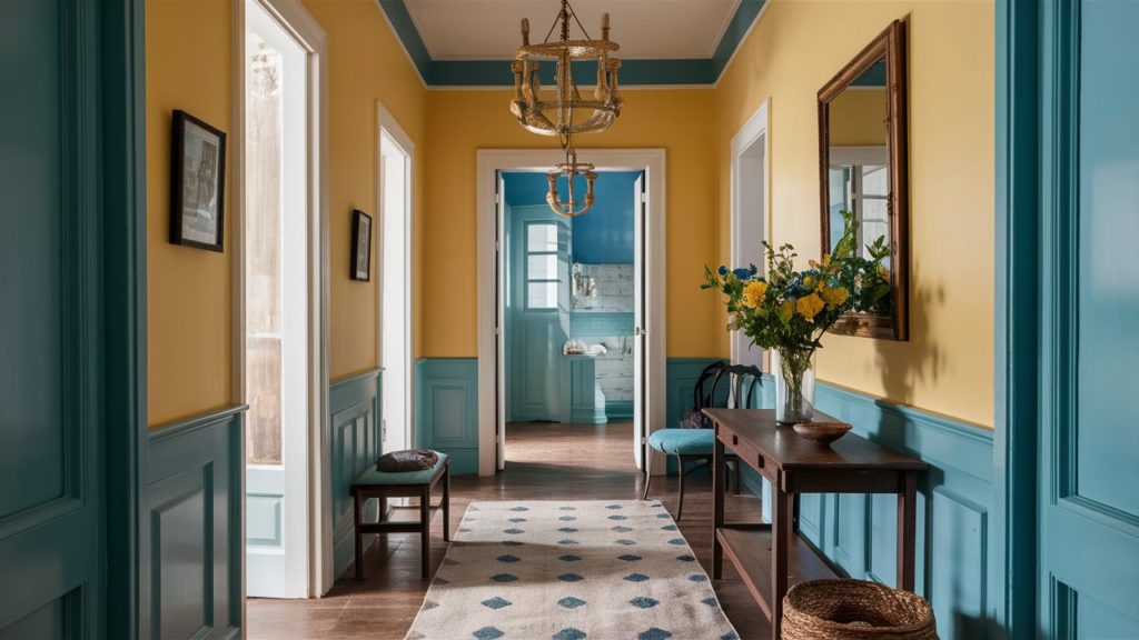 Blue and yellow hallway with patterned rug and chandelier.