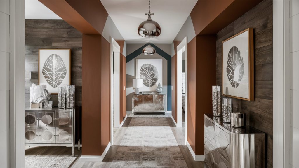 Brown and gray hallway with patterned wallpaper and artwork.