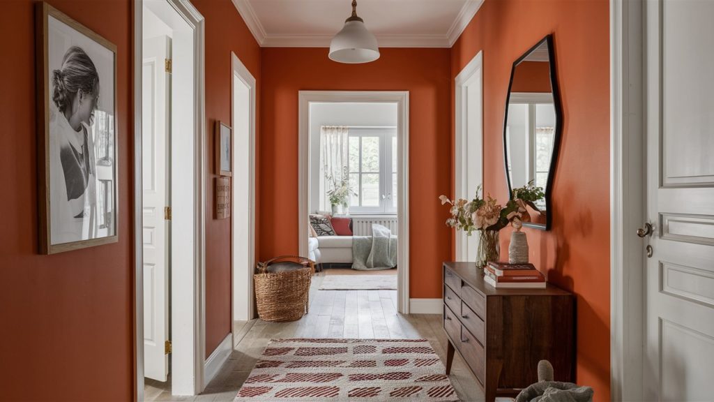 Burnt orange hallway with white trim and doors