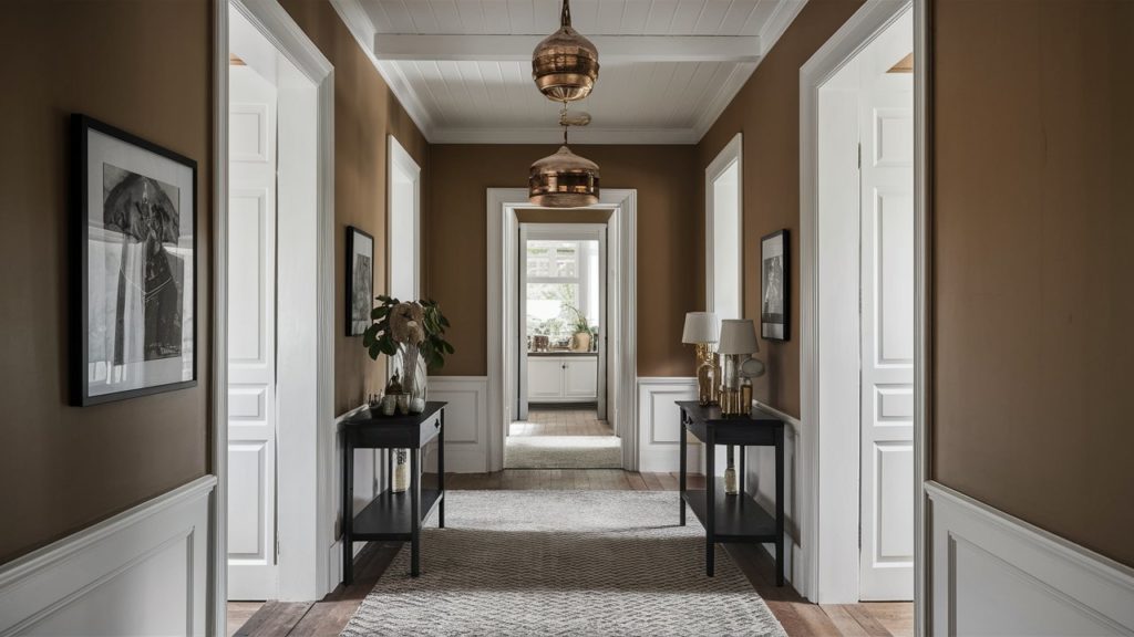 Hallway with champagne-colored walls and white trim