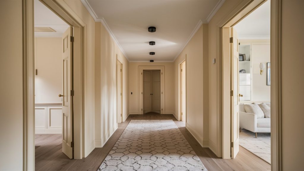 A long, cream-colored hallway with a patterned rug, wood floors, and multiple doorways leading to other rooms.