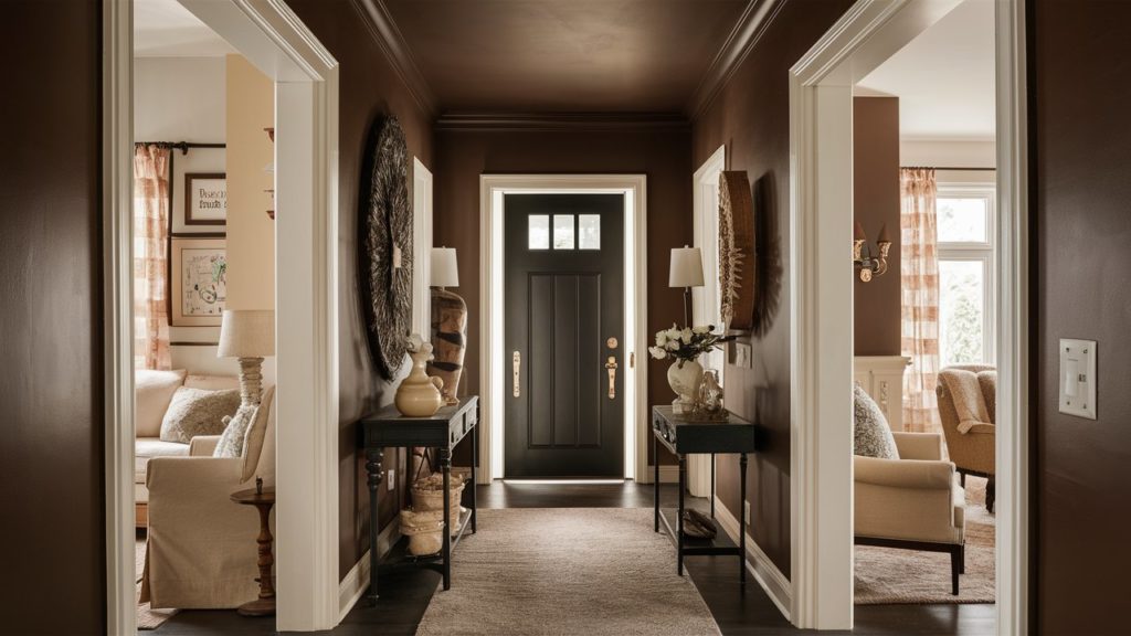 Dark brown hallway with cream-colored trim and a patterned rug