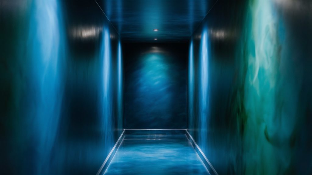 Blue hallway with water-like reflections on the floor