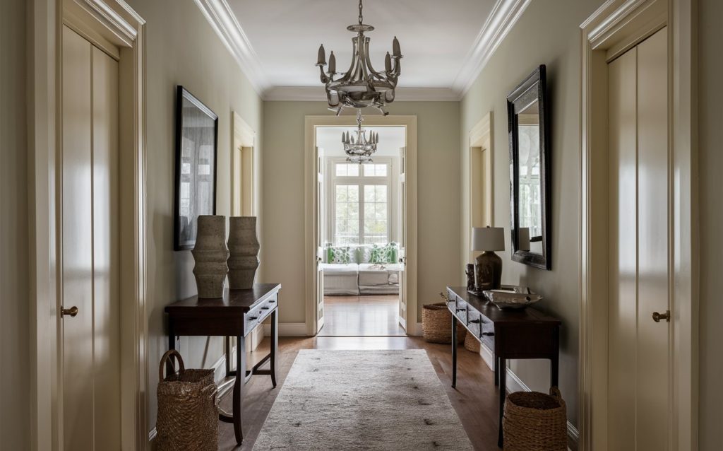 Hallway with cream walls, a patterned rug, and a wooden console table.