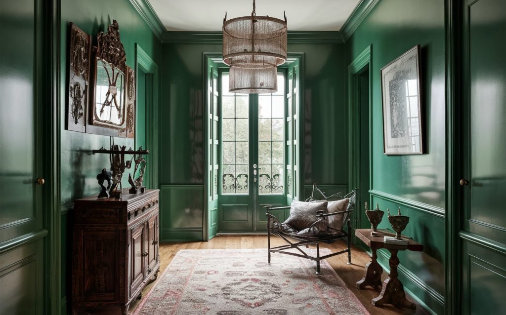 Green hallway with a chair and a rug.