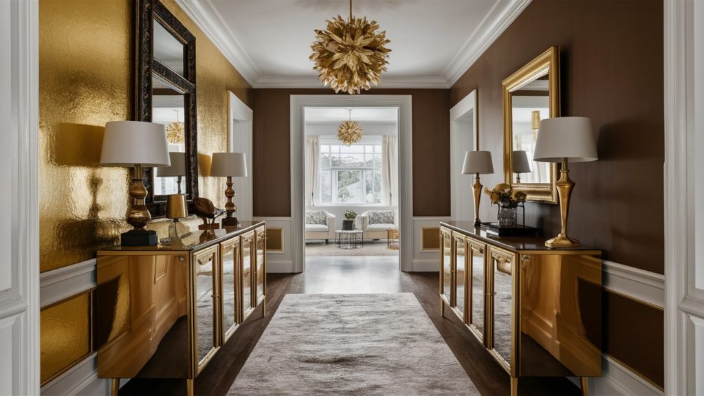 A grand and elegant hallway with gold and brown accents.