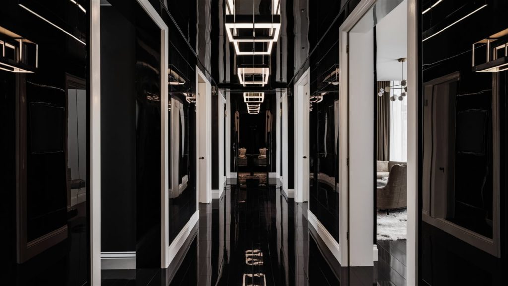 High-gloss black hallway with recessed lighting.