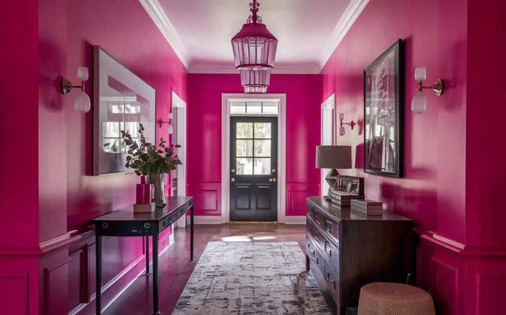 A long hallway with hot pink walls, white trim, and a black door.