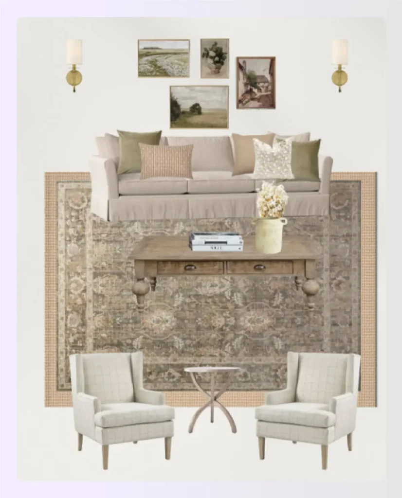 Living room mood board with sofa and rug Living room mood board with sofa and rug
