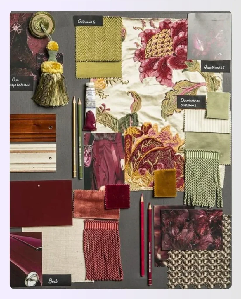 Ornate mood board with fabric and wallpaper
