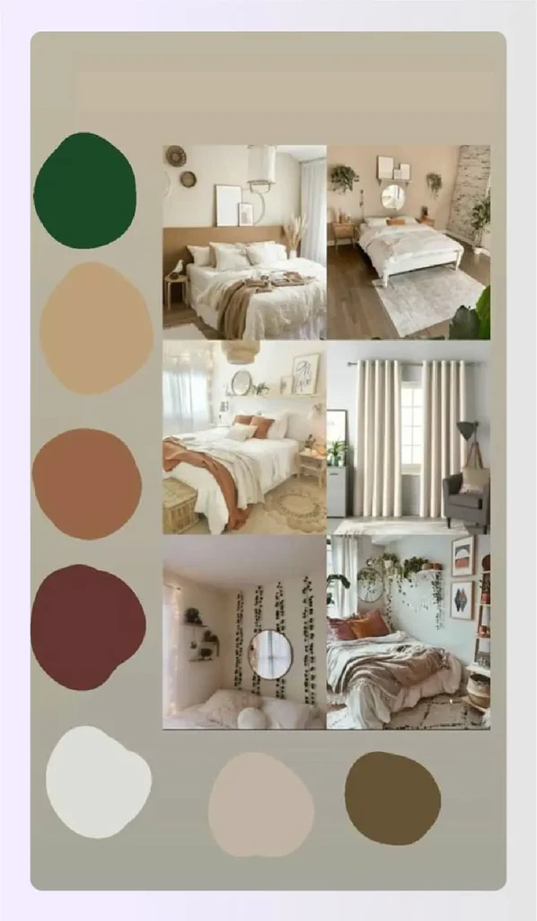 Earth-tone bedroom mood board with color swatches