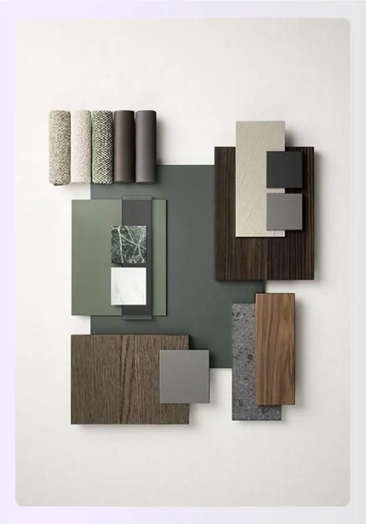 Layered mood board with wood and stone samples