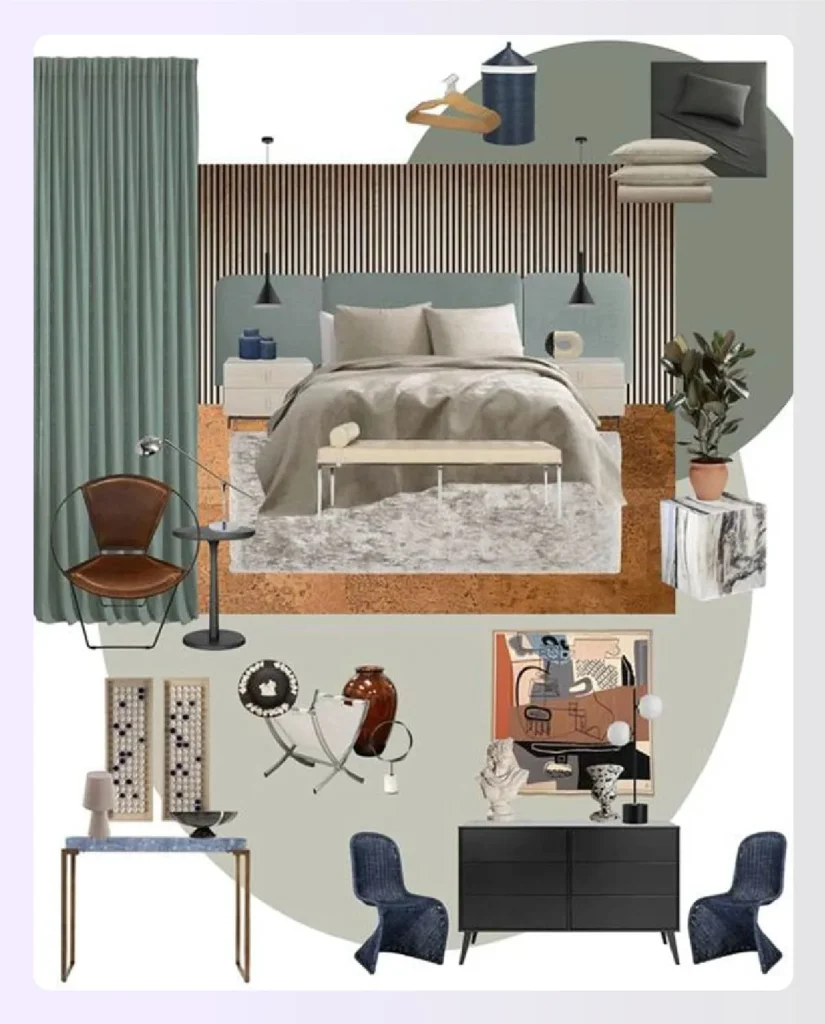 Realistic bedroom render used as a mood board