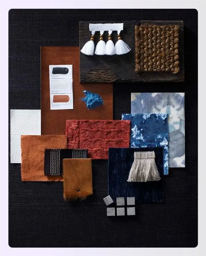 Dark, moody mood board with textured fabrics