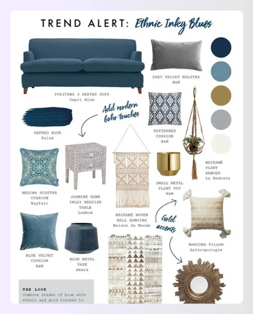 Mood board focused on blue ethnic furniture