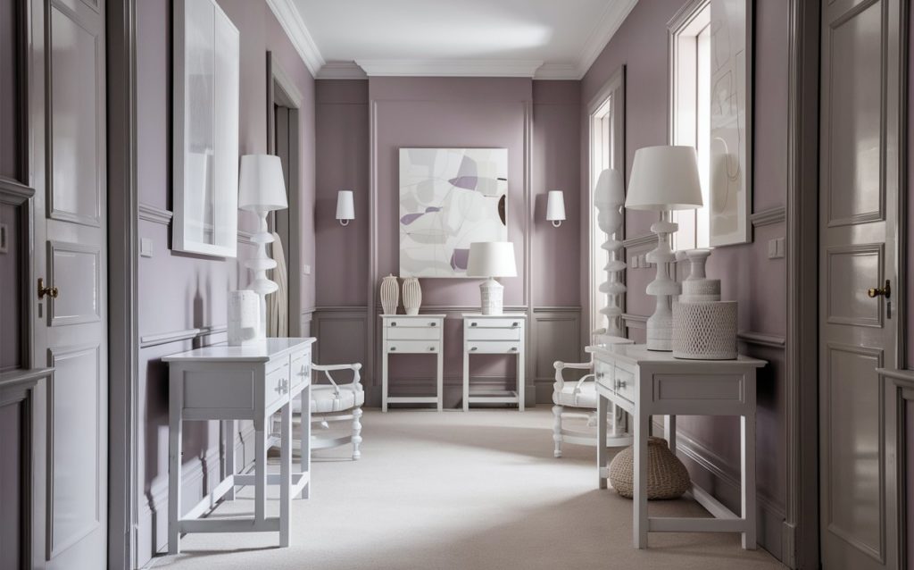 Mauve hallway with white furniture and artwork.