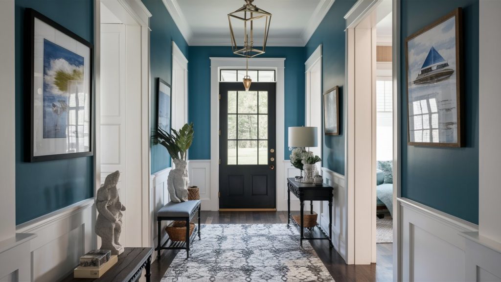 Hallway with teal walls, white trim, and patterned rug.