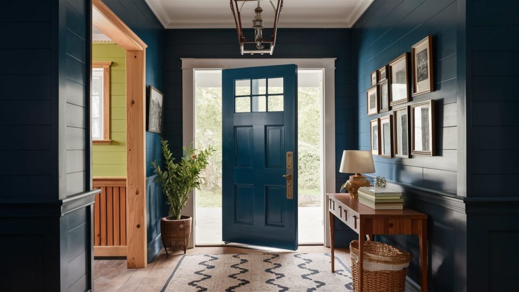 A navy blue front door with sidelights and a transom window.