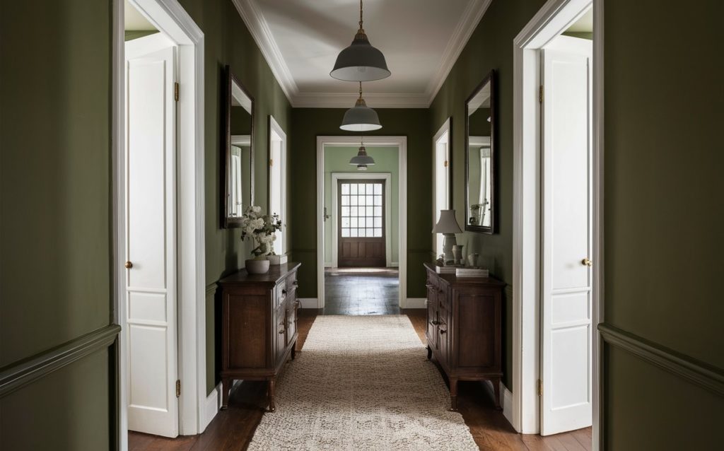 Olive green hallway with white trim and doors.