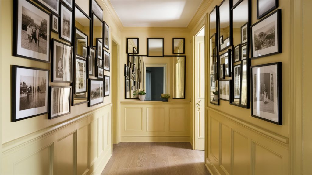 Black and white framed photos and mirrors on a pale yellow hallway wall.