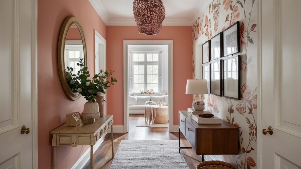 Peach-colored hallway with a floral wallpaper accent wall, a wooden console table, and a woven rug.