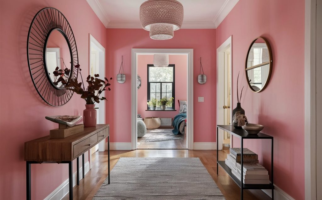 A long hallway with soft pink walls, a patterned rug, and a wooden console table.