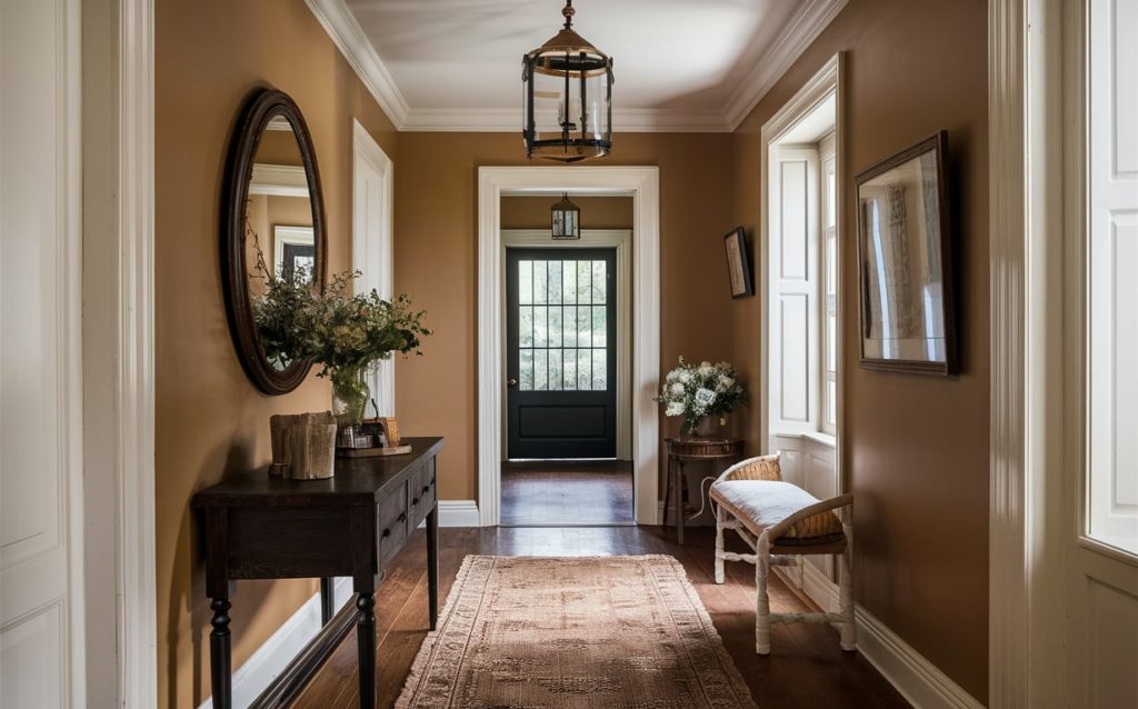 A long hallway with tan walls, white trim, and a wooden floor.