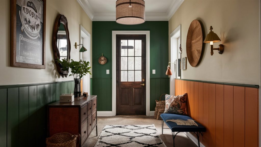 Two-tone hallway with a green and cream color scheme.