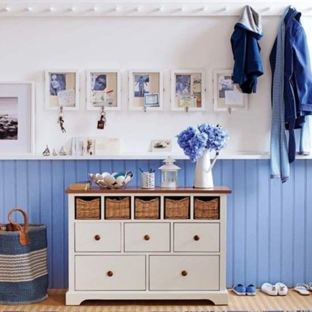 hallway color schemes - periwinkle blue with bright white