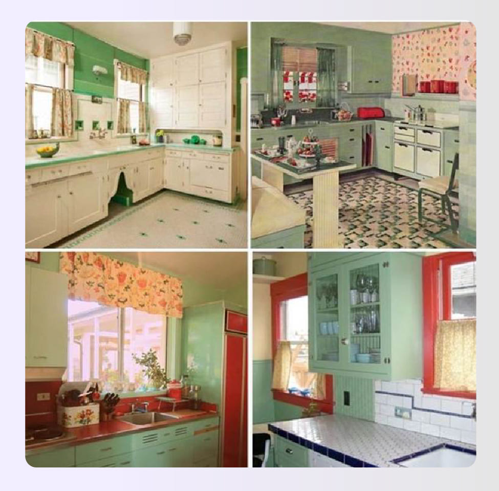 Retro green kitchen collage with vintage appliance photos Retro green kitchen collage with vintage appliance photos