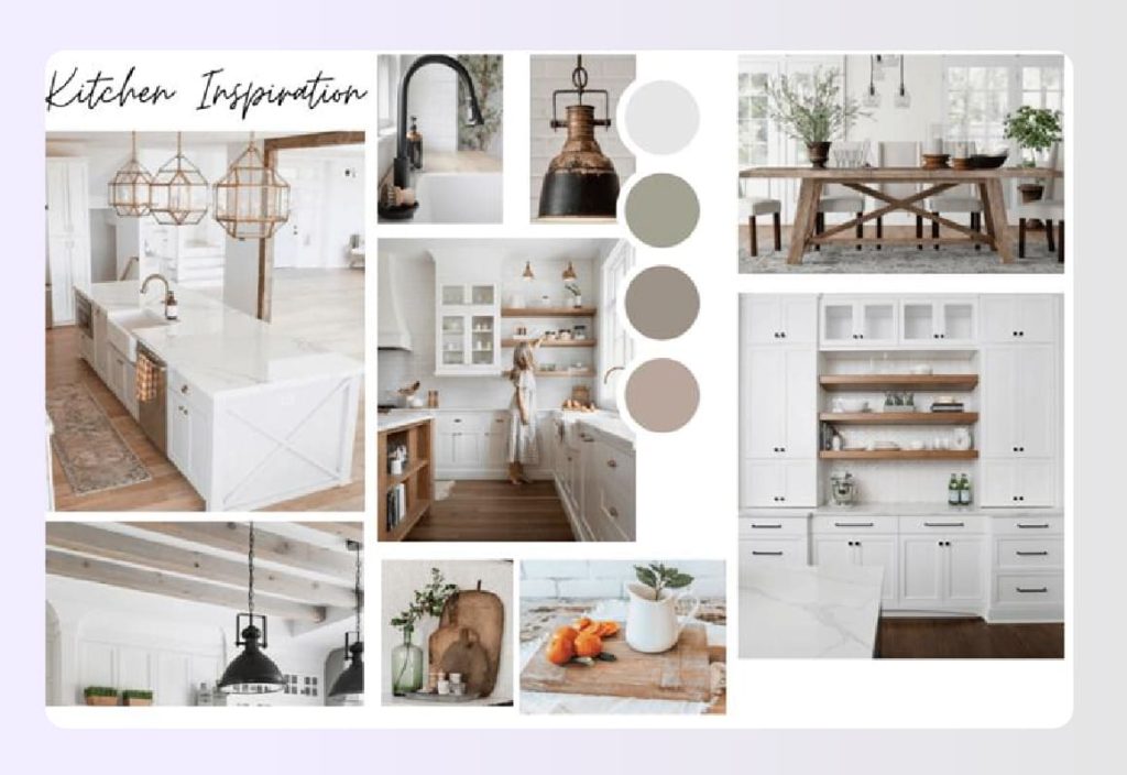 Bright kitchen interior design inspiration board collage