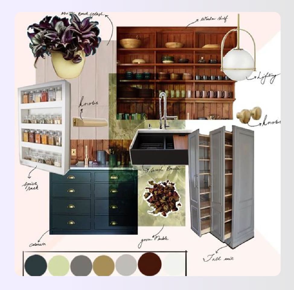 Colorful eclectic kitchen design collage with bold shelves Colorful eclectic kitchen design collage with bold shelves