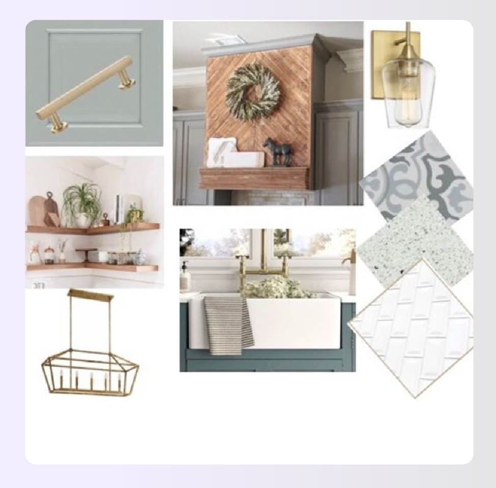 Bright white kitchen mood board with tile samples Bright white kitchen mood board with tile samples