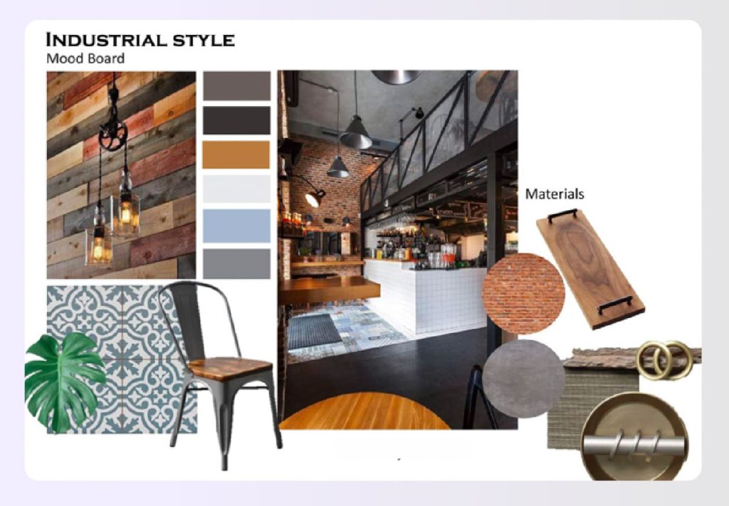 Industrial kitchen design board with brick and metal