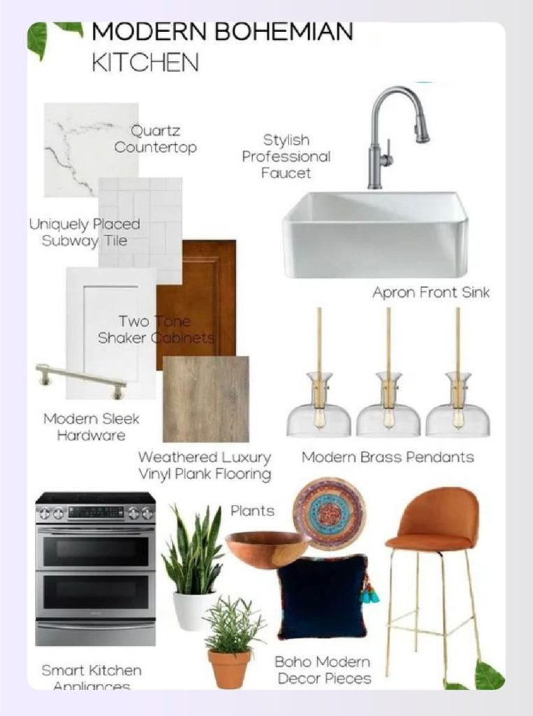 Bohemian kitchen style board with brass and plants Bohemian kitchen style board with brass and plants