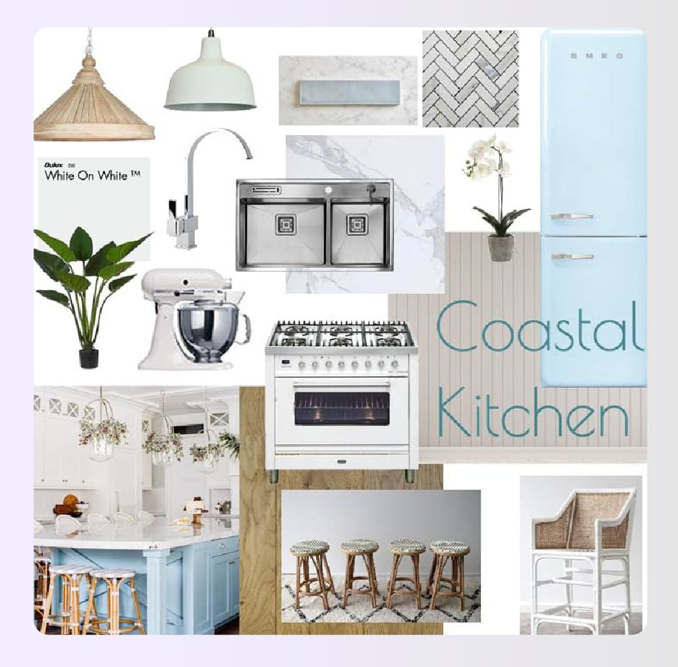 Coastal blue and white kitchen renovation inspiration board Coastal blue and white kitchen renovation inspiration board