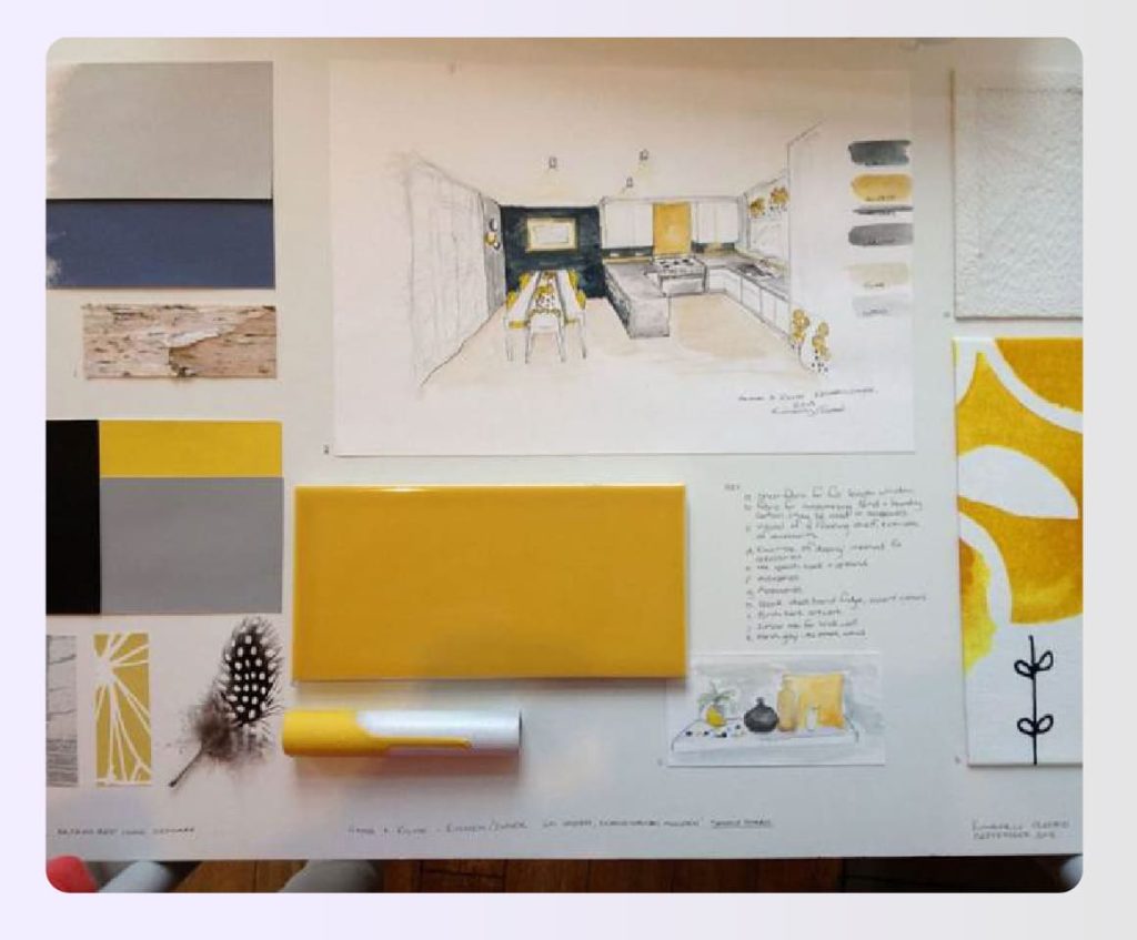 Physical kitchen mood board with yellow tile samples