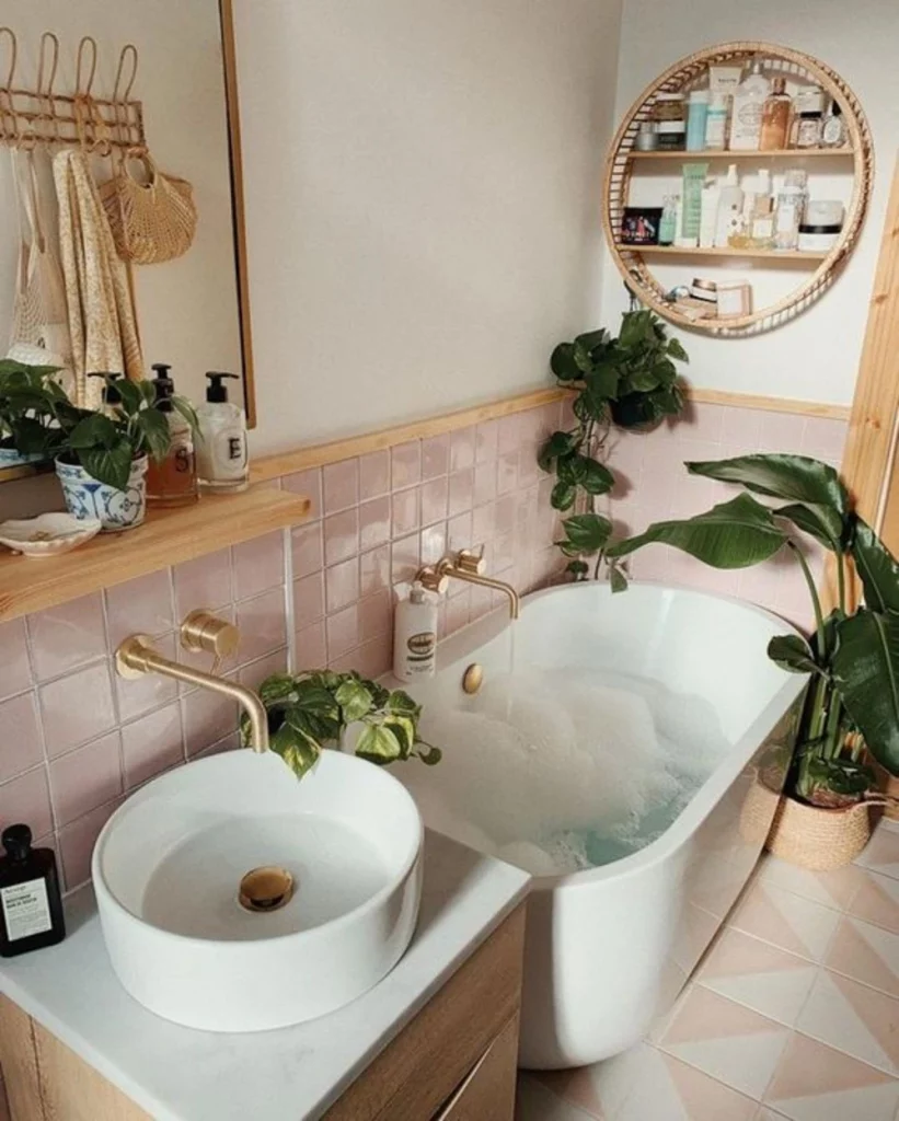 small bathroom color schemes - blushing powder pink green and white