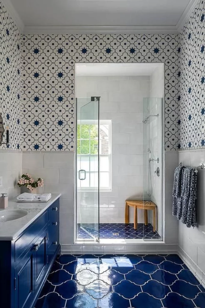 small bathroom color schemes - contemporary moroccan blue and white