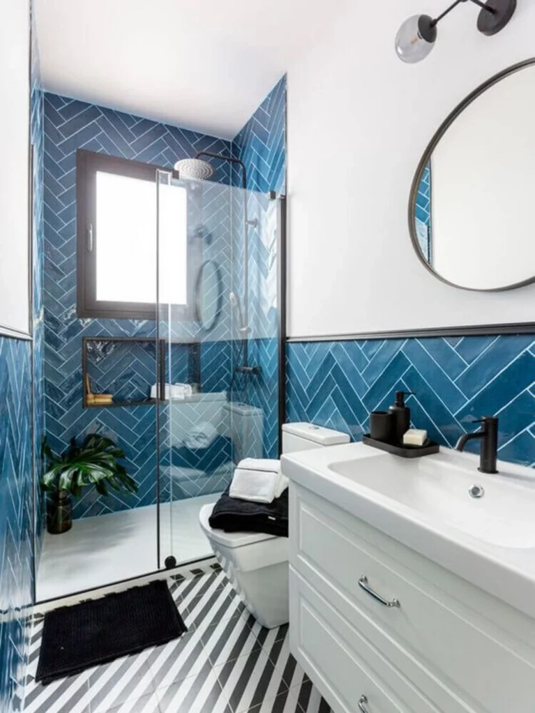 small bathroom color schemes - soothing sapphire blue and white