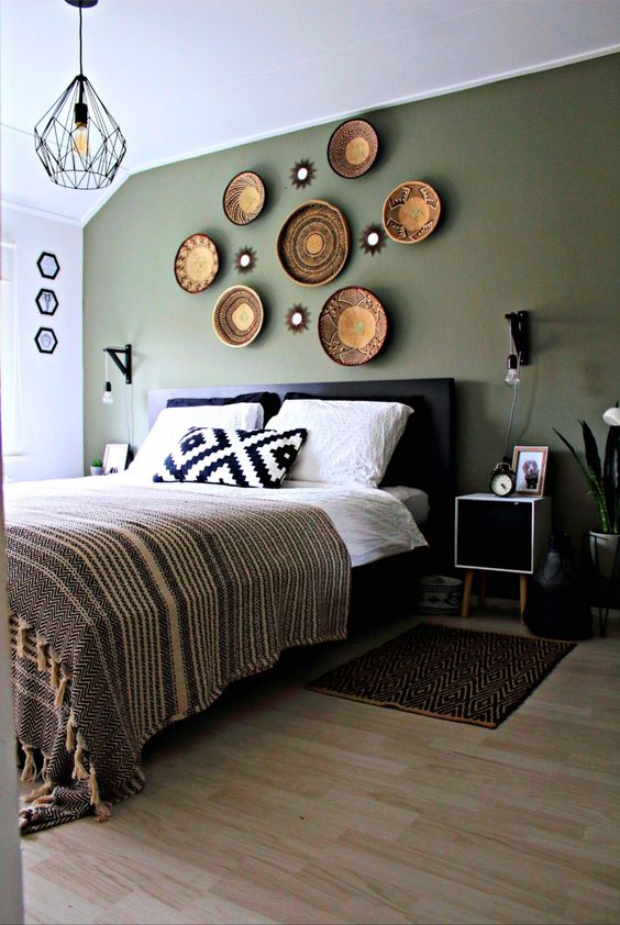 bedroom color schemes - black white and olive green