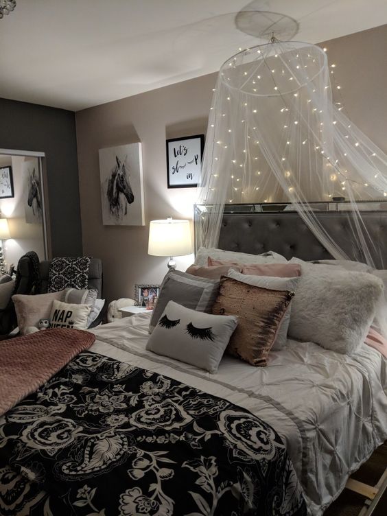bedroom color schemes - pink with gray plus black