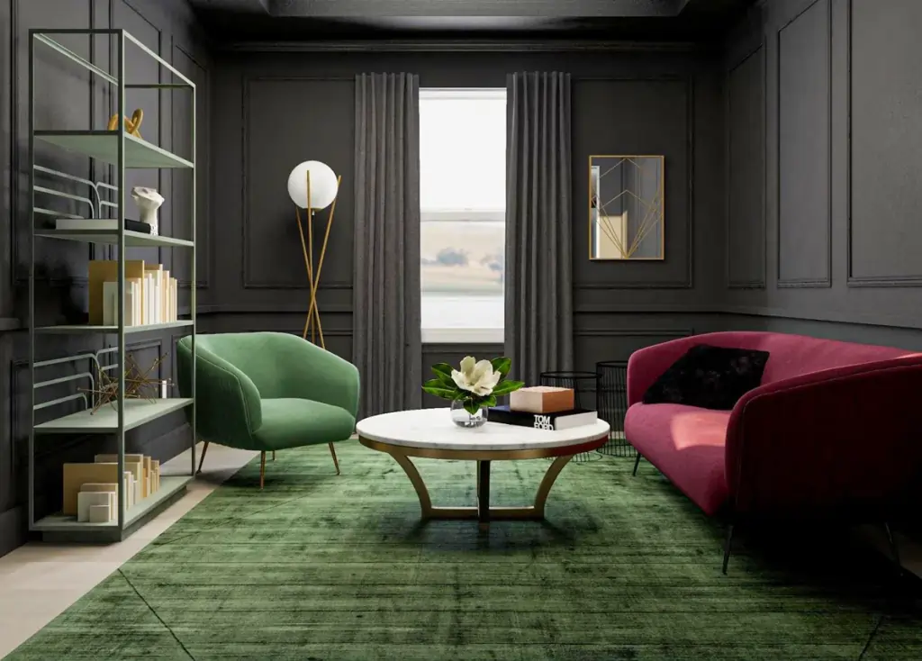 Art Deco living room with a green velvet armchair, a red velvet sofa, and a gold coffee table.