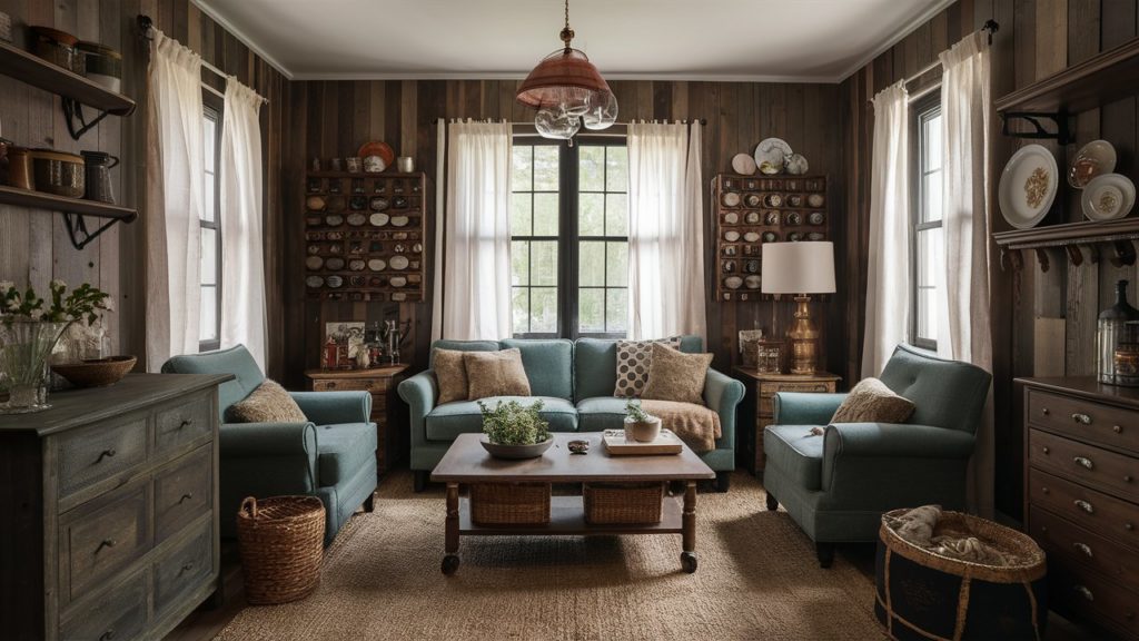 Cozy cottagecore living room with wood walls, comfy sofas, and vintage decor.