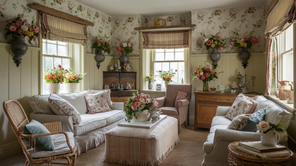 A cozy living room with floral wallpaper and comfortable sofas.