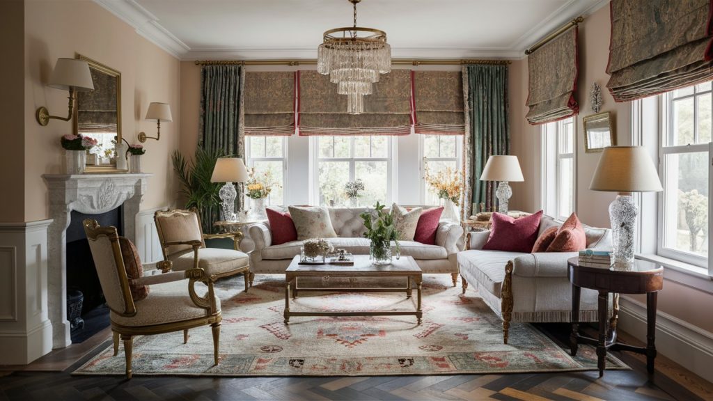A cozy living room with soft colors, patterned fabrics, and vintage-inspired decor.