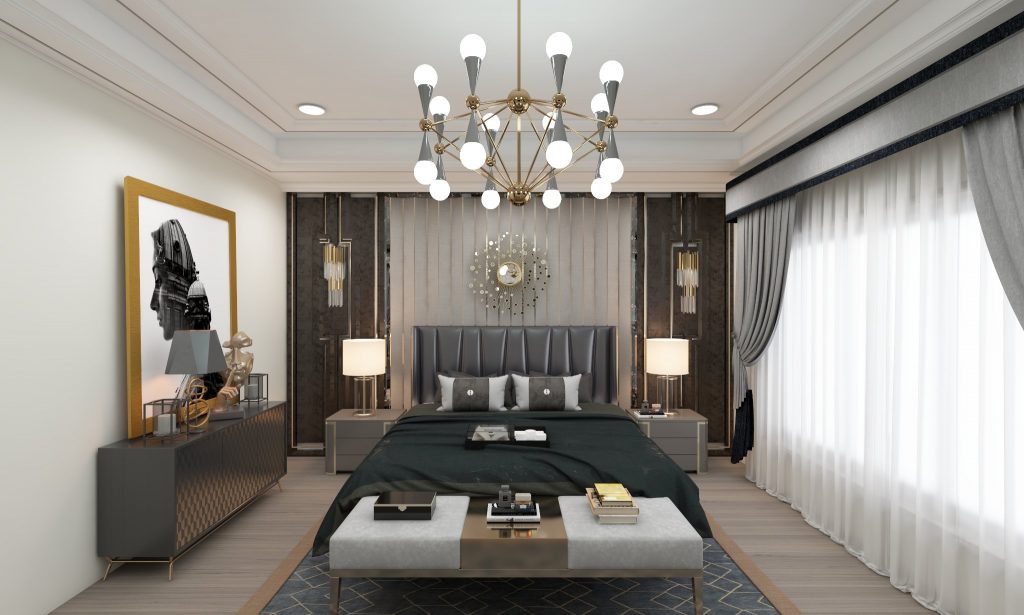 Hollywood Glam Bedroom with a black tufted headboard, gold accents, and a crystal chandelier