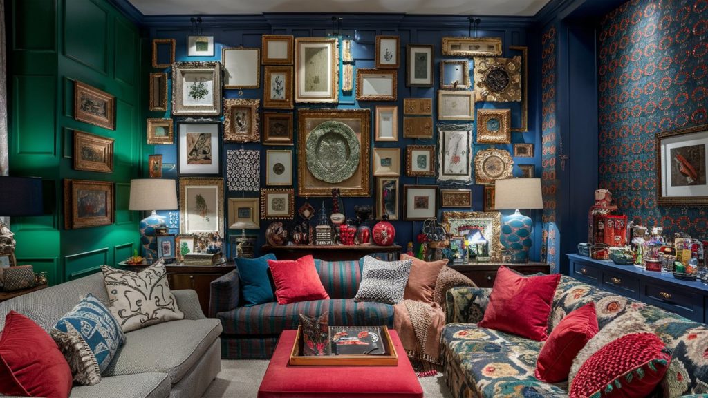 A maximalist living room with a bold color palette, featuring a mix of patterns and textures.