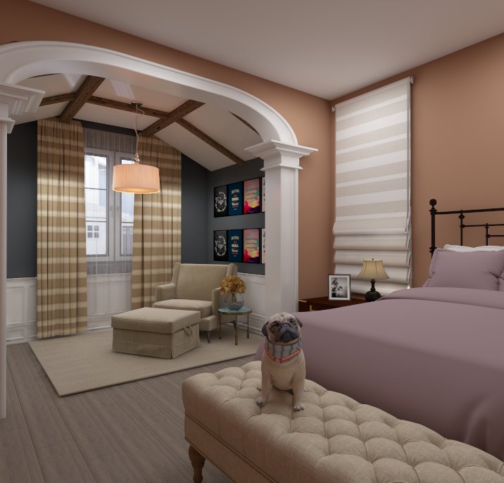 Modern bedroom with a mix of traditional and contemporary elements.