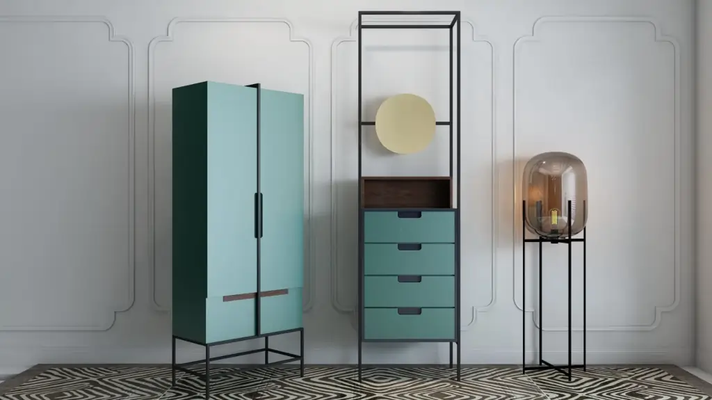 Mid-century modern furniture arrangement with a teal armoire, dresser, and floor lamp.